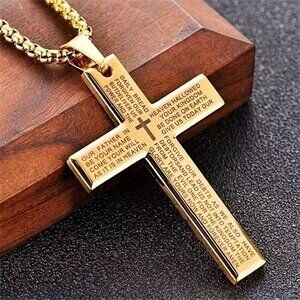 Gold Cross Necklace Lord's Prayer Engraved Christian Pendant Faith Jewelry Gift